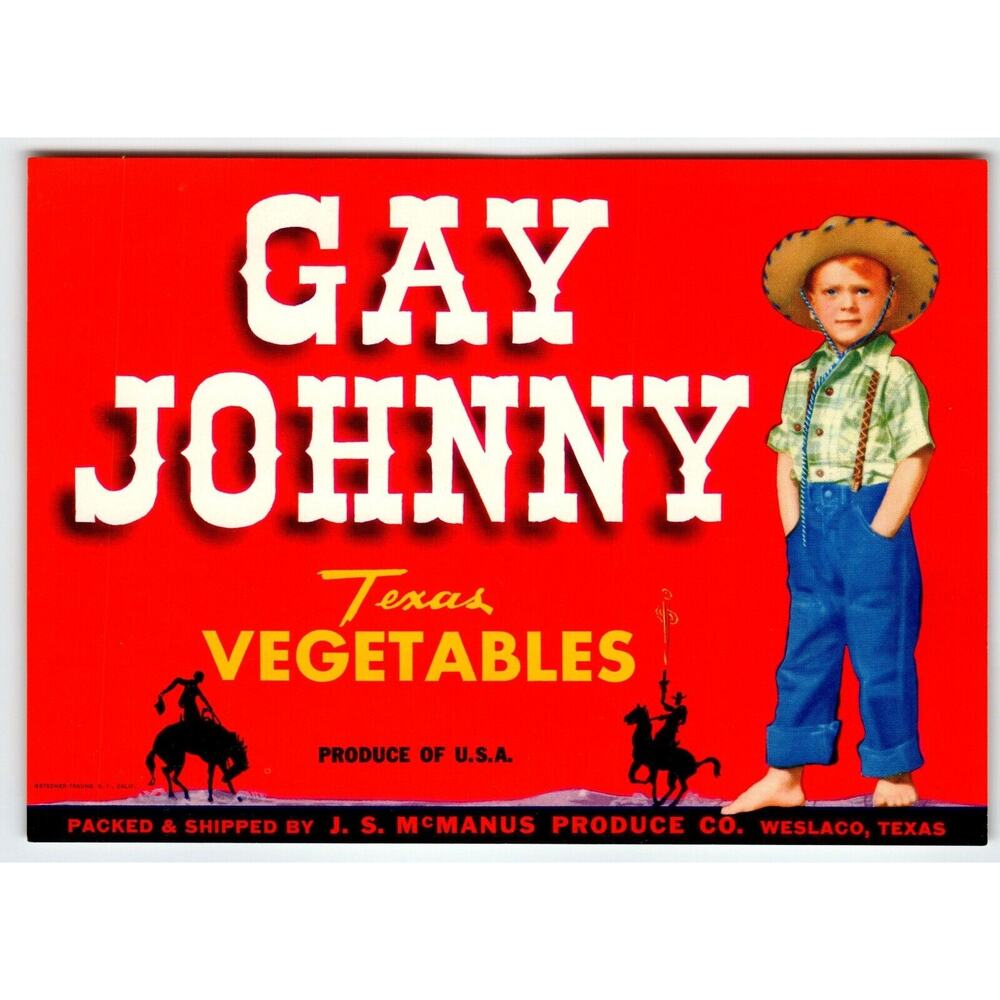 Gay Johnny Texas Vegetables Label Vintage 1950s Original John Boy In Cowboy Hat